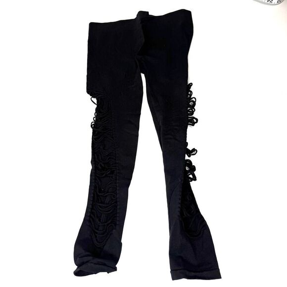 Obsessed Black Ripped Ruched Lace-Up Side Leggings – Gothic Y2K Style – One Size - Picture 1 of 4